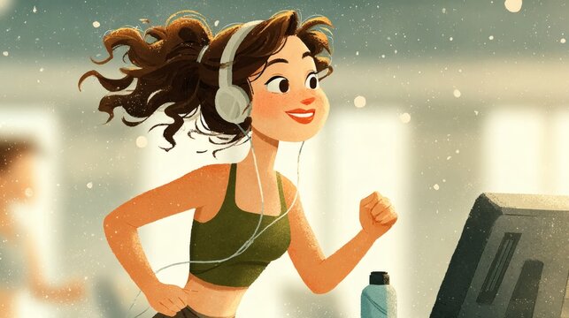 Animated woman smiling while running on a treadmill with her headphones on, focused on exercise and healthy living indoors during a bright day.