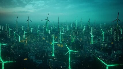 Futuristic city powered by wind energy, innovative green technology concept at dusk - Powered by Adobe