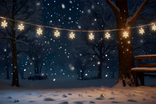 Outdoor string lights glowing softly with snowflakes gently falling, winter night background