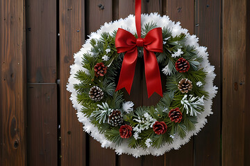 Pine wreath with faux snow and red ribbon, hanging on a wooden door 