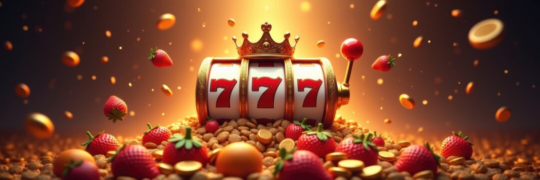 Vibrant slot machine with lucky sevens, surrounded by colorful fruits and coins, creating an exciting casino atmosphere.