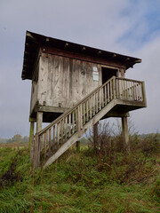 Vertical shot of a wooden bird watch house in the field