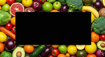 Healthy eating campaign layout – vibrant fruit and vegetable illustrations, large central area for nutrition tip or quote