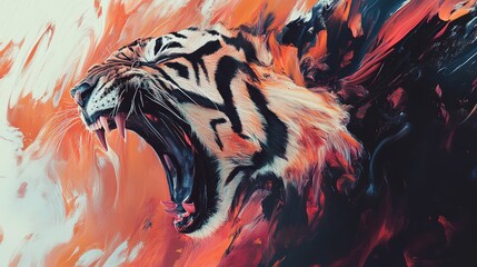 Tiger head roaring with orange and black abstract artistic style background.