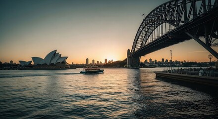 Sydney Harbor Bridge and Opera House with Boat Sailing at Sunset