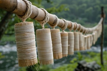 Fototapeta premium Cotton yarn spools drying on rope high resolution picture