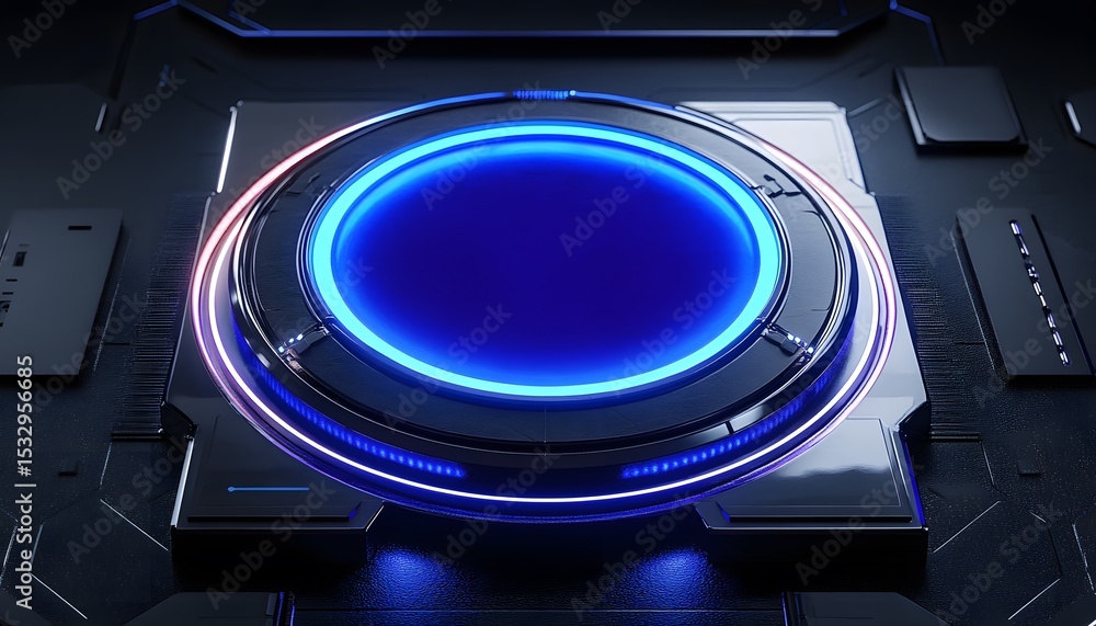 Poster futuristic circular display on a dark metallic surface.