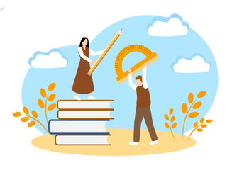 Two students with a protractor and a pencil are standing on books. The concept of learning, the development of new knowledge and student life