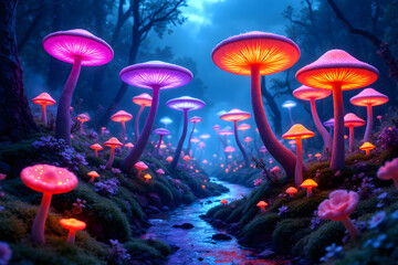 Enchanted Forest: Witness a mesmerizing fantasy landscape, where vibrant, glowing mushrooms light a winding river in a dense, magical forest. 
