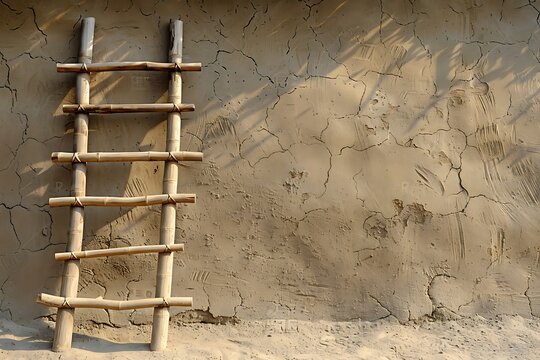 Countryside bamboo ladder beside clay wall high resolution picture