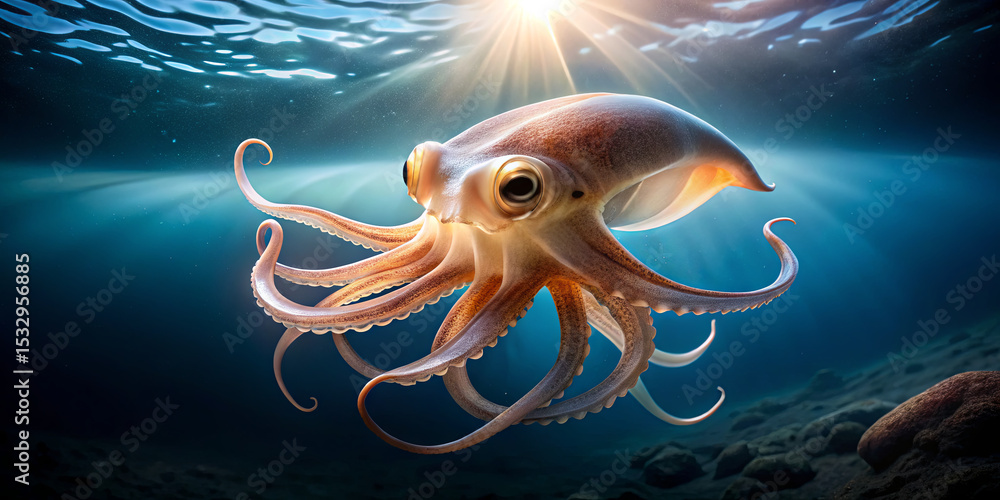 Poster a vibrant octopus floats effortlessly in the ocean, surrounded by gentle waves and glimmers of sunli
