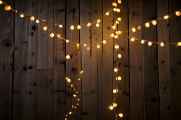 String of golden fairy lights draped across a wooden wall, soft bokeh glow 