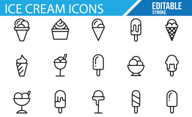 Frozen dessert vector illustrations with cones, cups, and sundae designs.