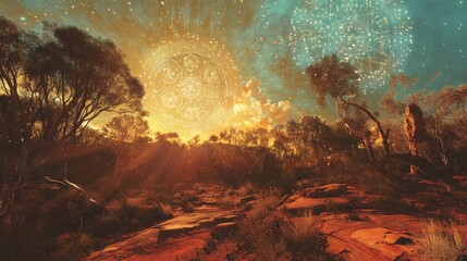 Painting of a landscape with trees and a bright sun or moon.