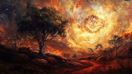 Painting shows a landscape with trees under a fiery orange and yellow sky.