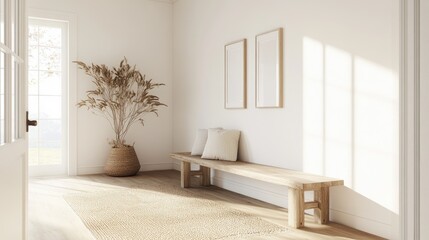 Fototapeta premium Serene Modern Interior with Natural Light, Minimalist Decor, and Simple Wooden Bench in Cozy Space