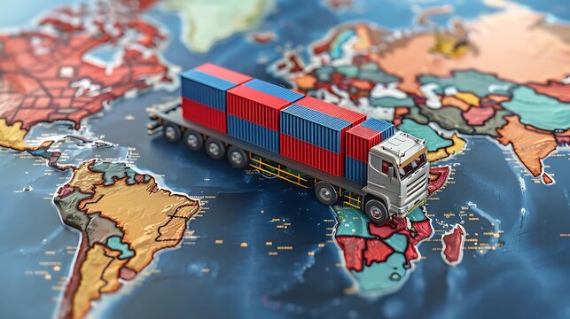 Global logistics in action with truck transporting shipping containers across a world map illustration
