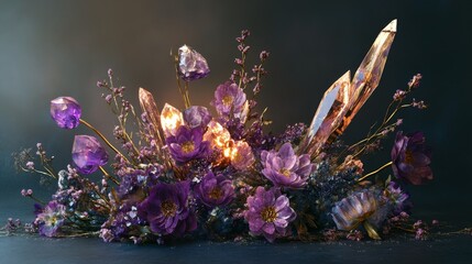Purple flowers and crystals arrangement against a dark background still life composition.
