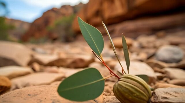 Close-up of an Australian native eucalyptus gumnut with green leaves amongst reddish rocks in a desert landscape