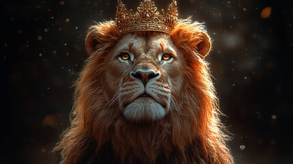 Majestic lion with crown, dark background, golden particles