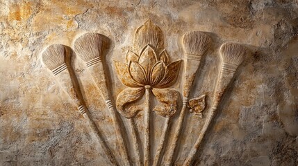 Carved lotus flower and stems on a textured stone surface.