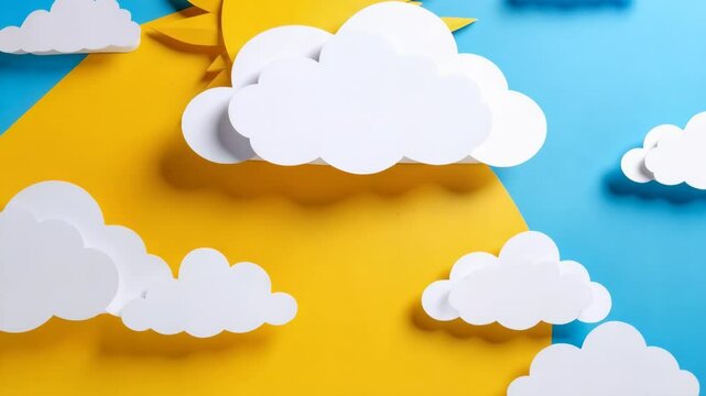 Paper cut summer design with yellow sun and white fluffy clouds on bright blue background featuring a fun and cheerful weather illustration