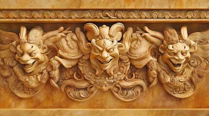 Carved stone frieze with three grotesque faces and decorative elements.