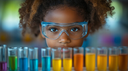 Young girl in lab goggles, surrounded by colorful test tubes