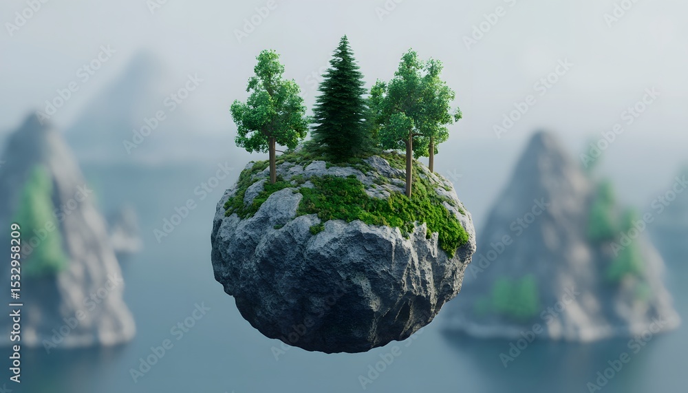 Poster floating island with trees in a misty landscape.