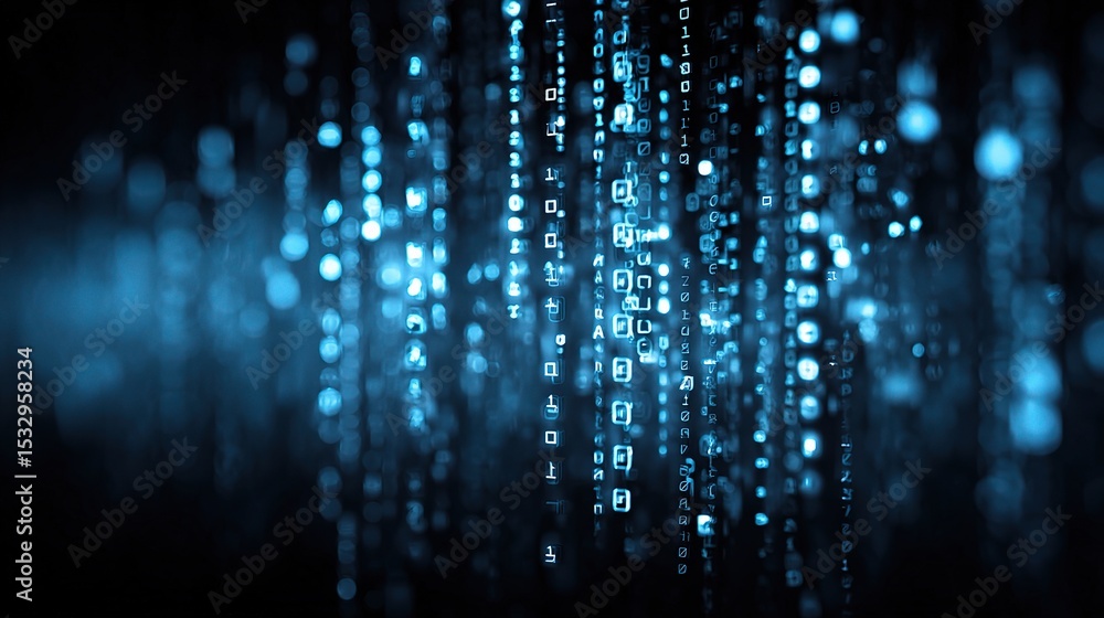 Poster abstract blue data matrix with glowing code fragments in background