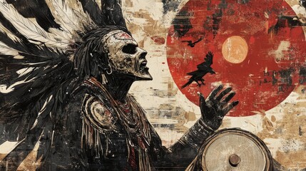 Native american figure with feathers and skull face paint against a red sky.