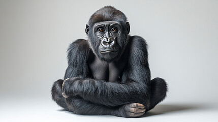 Young gorilla sitting calmly on gray studio backdrop