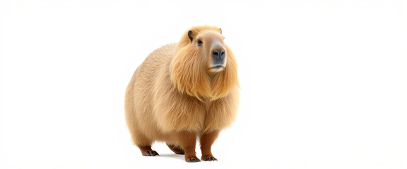 A fluffy guinea pig exhibits a curious expression while standing on a white surface, showcasing its soft fur and rounded body in a bright, spacious setting