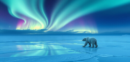 In the Arctic, a polar bear roams on a frozen surface while the sky lights up with vibrant northern lights. The colors create a magical atmosphere in the serene wilderness