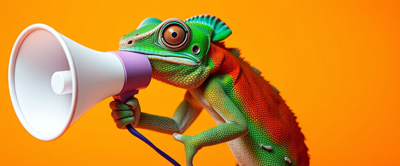 A colorful chameleon stands upright, gripping a megaphone with its front limb against a vibrant orange backdrop. This whimsical pose captures the creature’s personality and charm