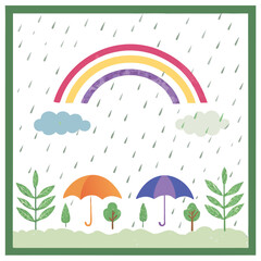 Rainy Day Scene with Umbrellas, Raindrops, Clouds and Rainbow Vector Illustration

