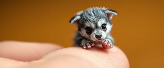 A tiny gray puppy with large expressive eyes is delicately balanced on a person's finger. Its playful posture and soft fur create an adorable sight in a warm indoor setting