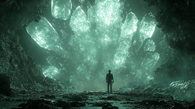 Man exploring glowing crystal cave