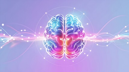 A colorful brain with glowing connections on a light purple background in a digital illustration style