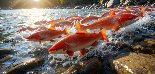 Groups of vibrant red salmon navigate upstream in a clear river, creating splashes as they leap over smooth stones under the warm summer sun