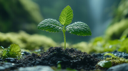 Young plant grows in fertile soil near waterfall in lush forest