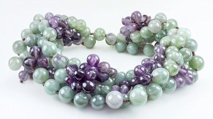 Necklace with green and purple beads arranged in clusters on white background.
