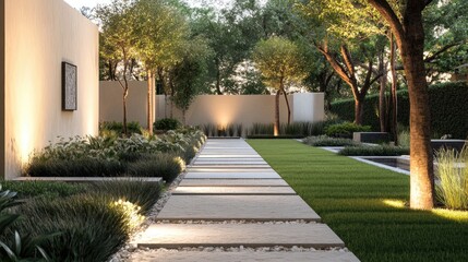 Obraz premium Serene Modern Garden Pathway with Lush Greenery and Warm Ambient Lighting in Daylight Setting