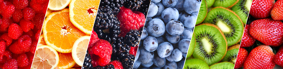 Collage of vibrant raspberries, oranges, strawberries, kiwis, blueberries, and blackberries