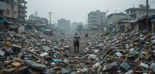 A stray dog stands alone in a litter-strewn alley in an urban area. Surrounding buildings show signs of neglect as debris and waste fill the street under a gray sky