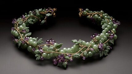 Necklace with green leaves purple stones and pearls on a dark surface.