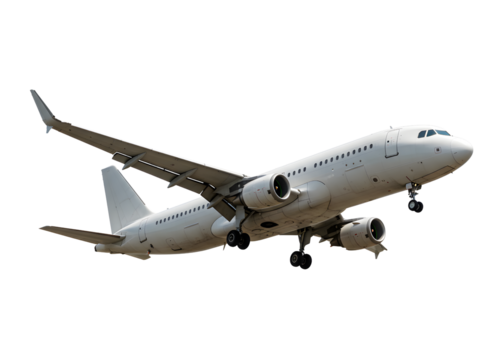 Modern commercial airplane isolated on transparent background — perfect PNG for aviation, travel, tourism, business flights, air transport, and flight-related visuals.
