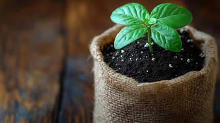Young plant in burlap pot on rustic wood table, close-up view