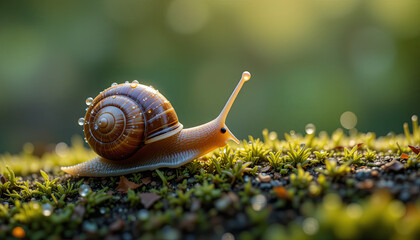 A snail glides gently over a bed of moss, glistening with dew droplets, as soft morning light filters through the trees, creating a peaceful atmosphere in the forest
