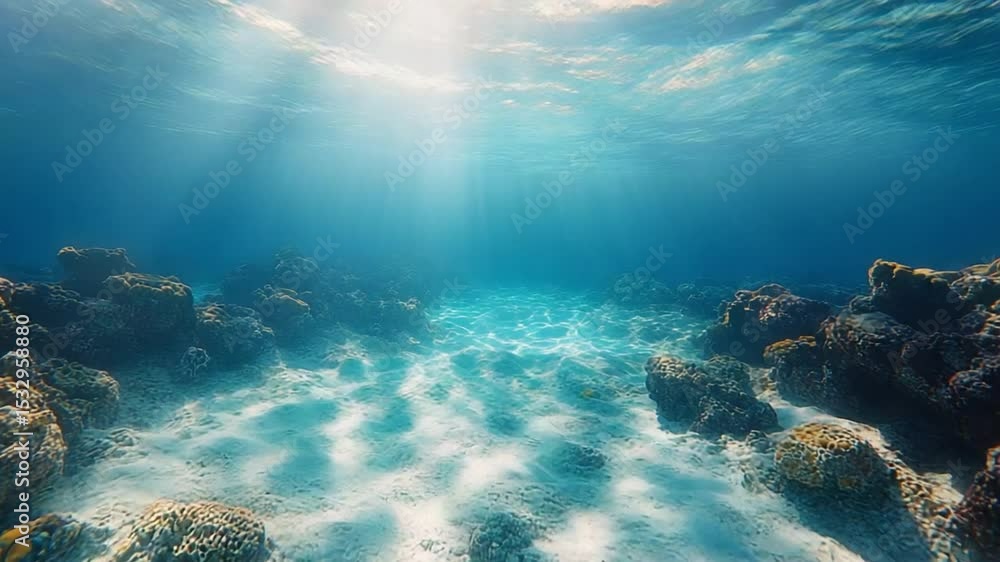 Poster underwater scene: a serene underwater world with clear, turquoise water, sunlight filtering through 